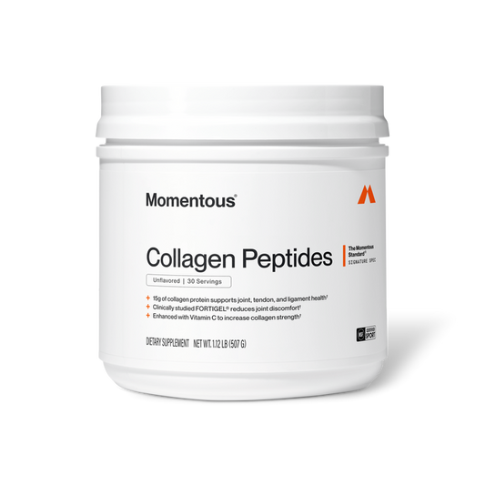 Product photo of a white Momentous Collagen Peptides tub on a black background. Label: Momentous, Collagen Peptides, Unflavored, 30 Servings, 15g of collagen protein supports joint, tendon, and ligament health, Clinically studied FORTIGEL reduces joint discomfort, Enhanced with Vitamin C to increase collagen strength, Dietary Supplement, Net Wt. 1.12 LB (507 G), with NSF Certified Sport badge and The Momentous Standard Signature Spec mark.