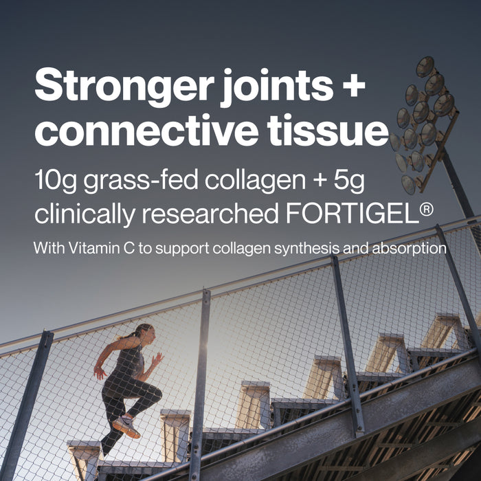 A person running up outdoor stadium stairs. Overlaid text reads: “Stronger joints + connective tissue”. Below it reads: “10g grass-fed collagen + 5g clinically researched FORTIGEL®”. Additional text reads: “With Vitamin C to support collagen synthesis and absorption”.