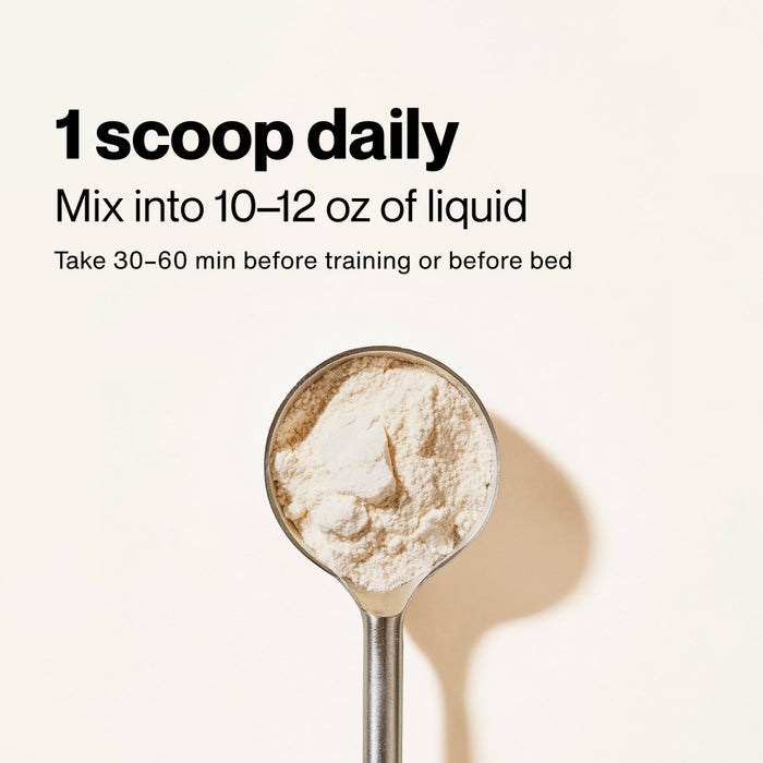 A scoop filled with collagen powder on a neutral background. Text above reads: “1 scoop daily”. Below it reads: “Mix into 10–12 oz of liquid”. Additional text reads: “Take 30–60 min before training or before bed”.