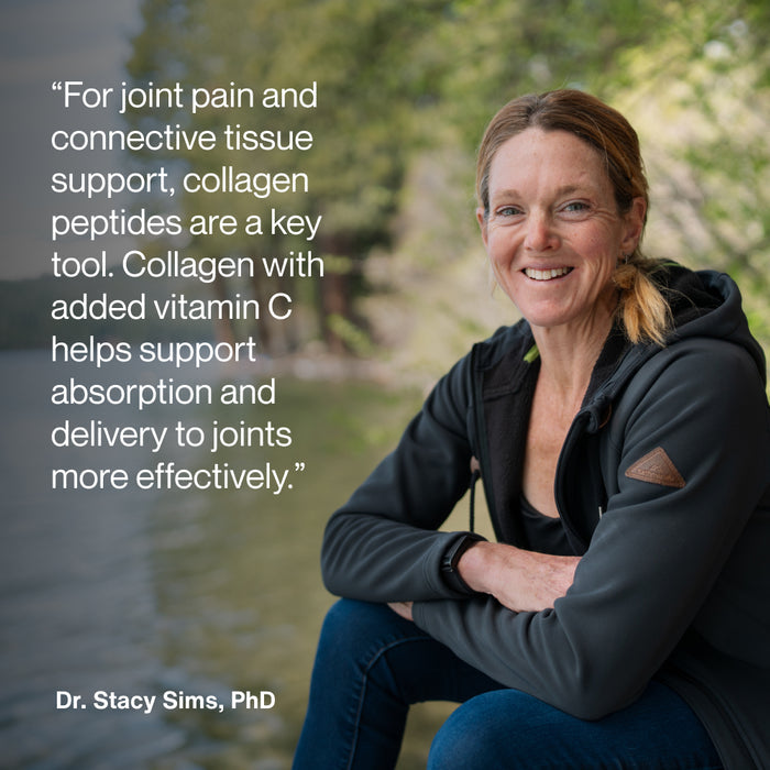 A smiling woman sitting outdoors near water, wearing a jacket. Overlaid text reads: “For joint pain and connective tissue support, collagen peptides are a key tool. Collagen with added vitamin C helps support absorption and delivery to joints more effectively.” Attribution reads: “Dr. Stacy Sims, PhD”.