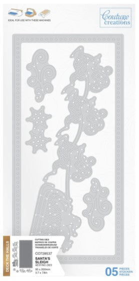 Couture Creations - Tall Card Nesting Die Set - Santa's Sleigh - (5pc). This Happy Holiday and Christmas themed nesting die set contains a variety of complementary elements designed to work with tall cards. Mix and match to create unique and gorgeous cards this holiday season and all year round. Approximately 95 x 200mm | 3.7 x 7.8in. Available at Embellish Away located in Bowmanville Ontario Canada.