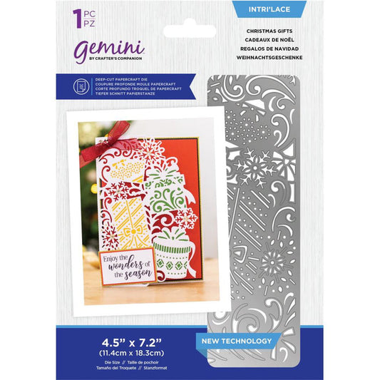 Crafter's Companion - Gemini Intri'Lace Die - Christmas Gifts. Introducing Intri'Lace Dies! These dies feature deep-cut technology to cut the most stunning and intricate designs. This die is from the fabulous Festive Intri'Lace Dies collection that combine the large designs of Create-A-Card dies with decorative Edge'ables dies to create wonderful designs. Available at Embellish Away located in Bowmanville Ontario Canada.