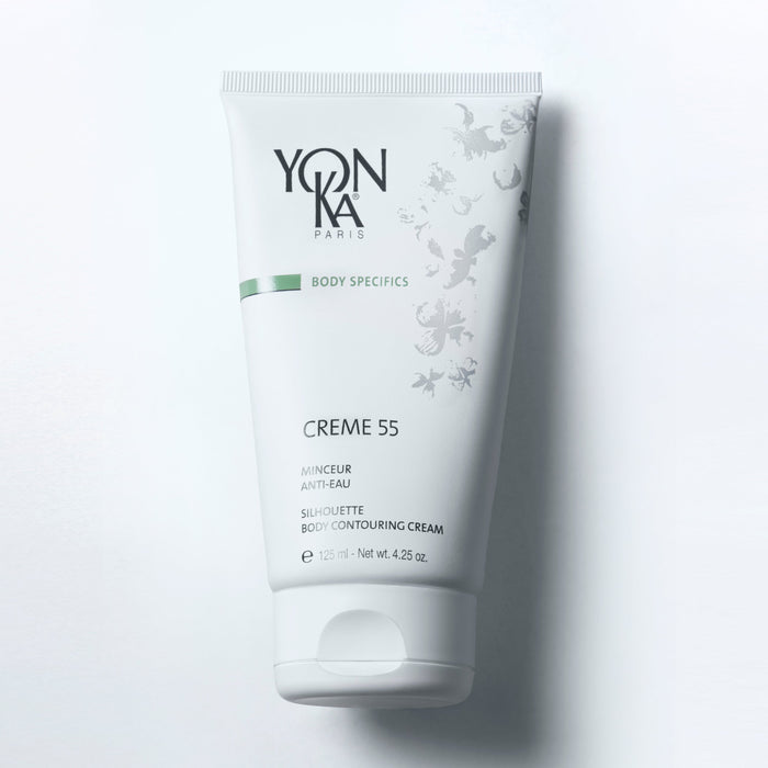 Creme 55 125 ml Yon-Ka Paris leg contouring cream packaging labeled climbing ivy extract and Quintessence