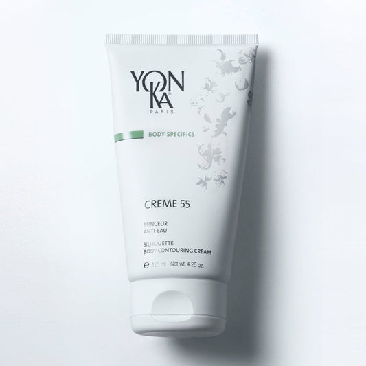 Creme 55 125 ml Yon-Ka Paris leg contouring cream packaging labeled climbing ivy extract and Quintessence