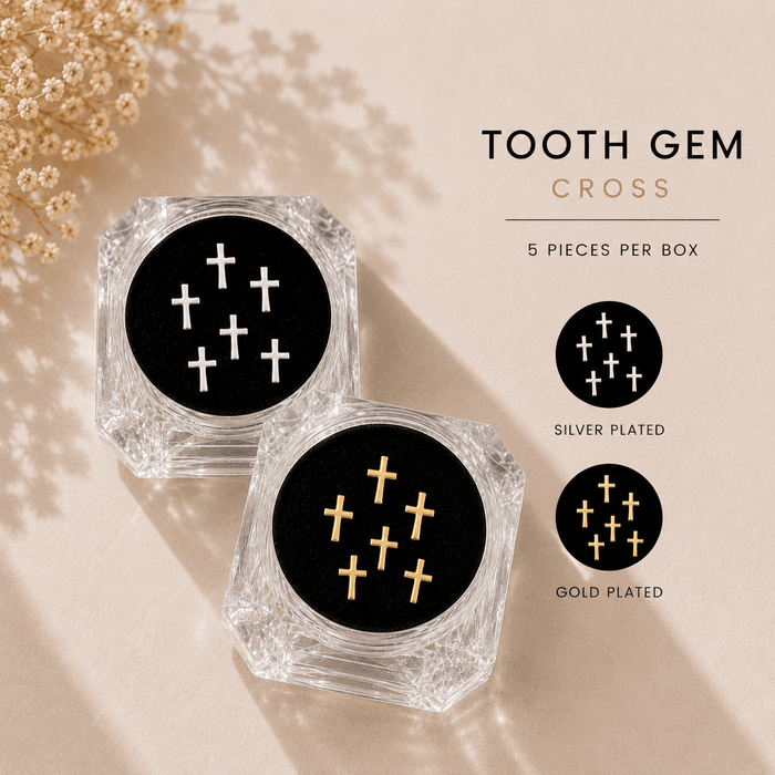 LaserGlow gold and silver cross tooth gems in 5 piece sets for tooth gem application and dental jewelry styling