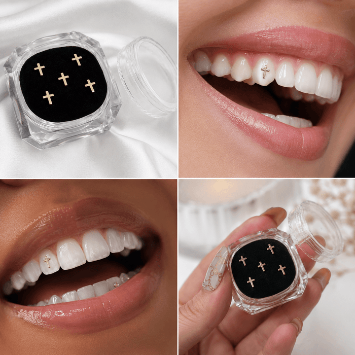 Gold and silver cross tooth gem charms for professional tooth gem services