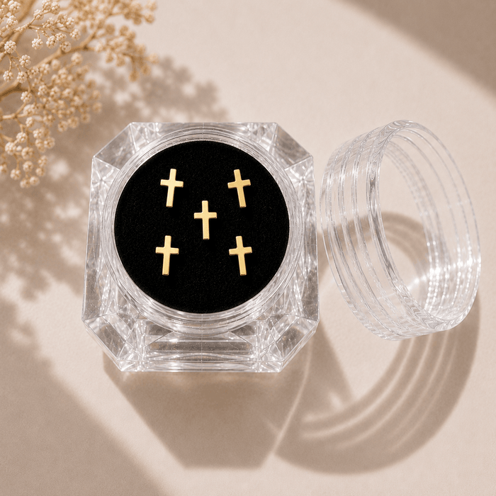 LaserGlow gold cross tooth gems in a 5 piece set for tooth gem application, dental jewelry, and smile styling