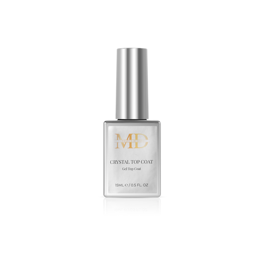 Nail polish bottle with silver cap and gray label on a white background