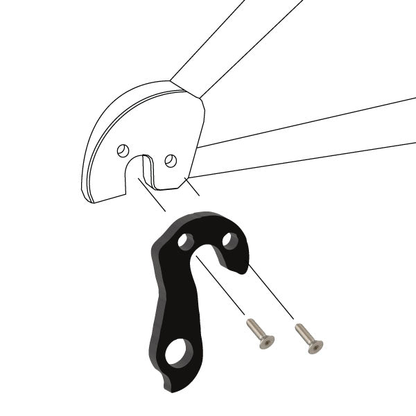 Hanger #106 attaches to the rear dropout from the outside or derailleur side using two M4x10 flat head screws.