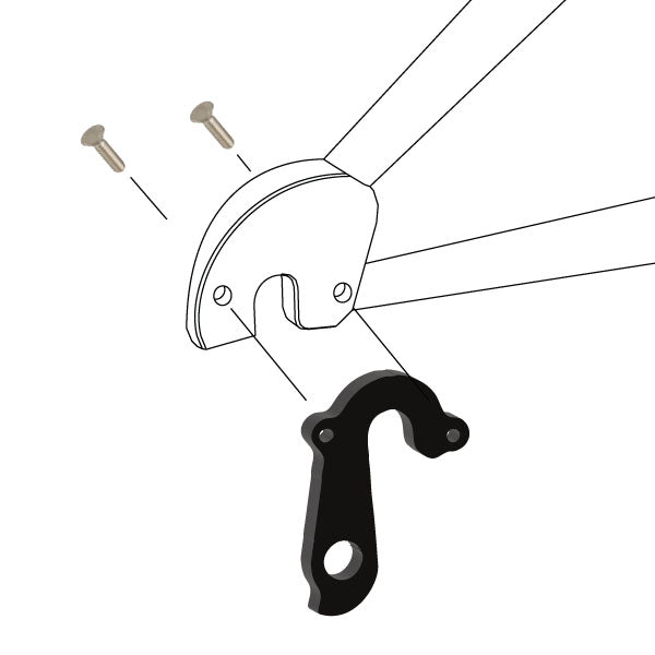 Hanger #113 attaches to the rear dropout from the outside or derailleur side using two M4x8 flat head screws.