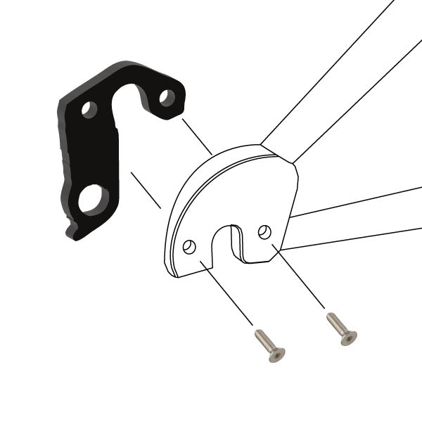 Hanger #115 attaches to the frame's rear dropout from the inside, or hub side using two M5x10 flat head screws.
