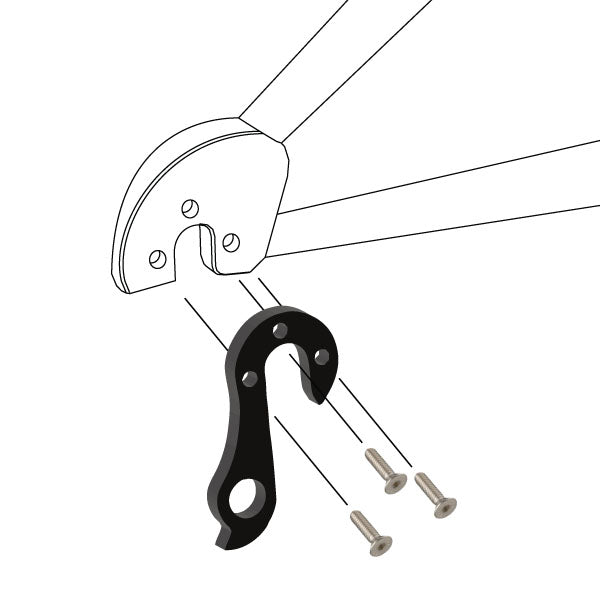 Hanger #117 attaches to the frame's rear dropout from the outside, or derailleur side using three M3x10 flat headscrews.