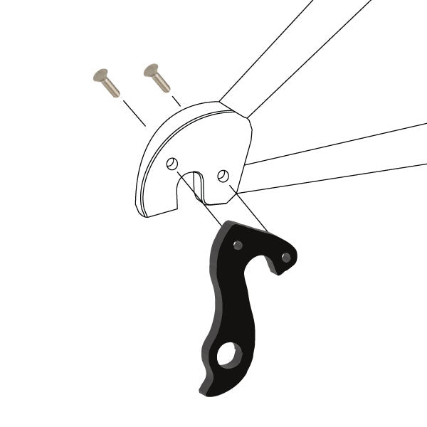 Hanger #120 attaches to the frame's rear dropout from the outside, or derailleur side using two M4x8 flat head screws.