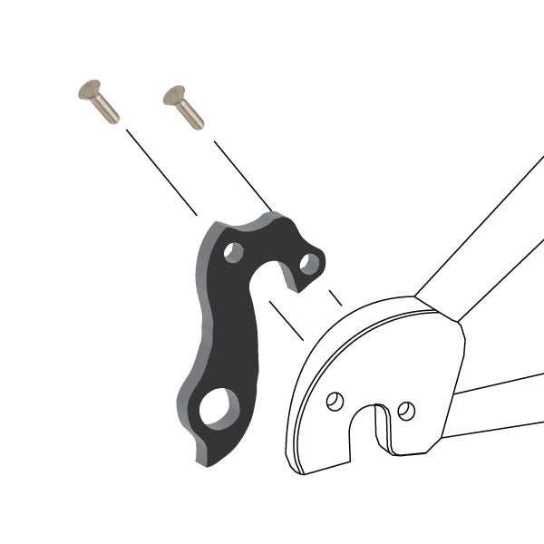 Hanger #121 attaches to the frame's rear dropout from the inside, or hub side using two M4x8 flat head screws.