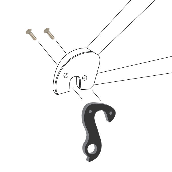 Hanger #124 attaches to the frame's rear dropout from the outside, or derailleur side using two M3x8 flat head screws.