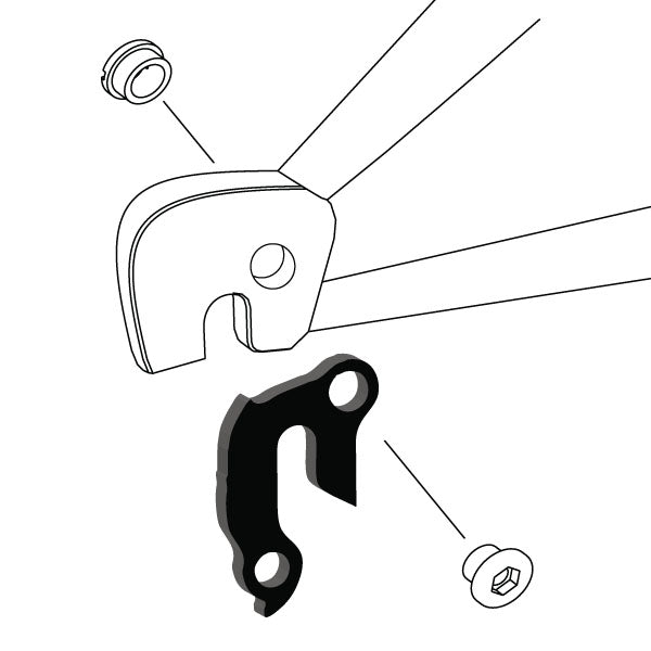 Hanger #136 attaches to the rear dropout from the outside or derailleur side using one M8 chainring bolt.