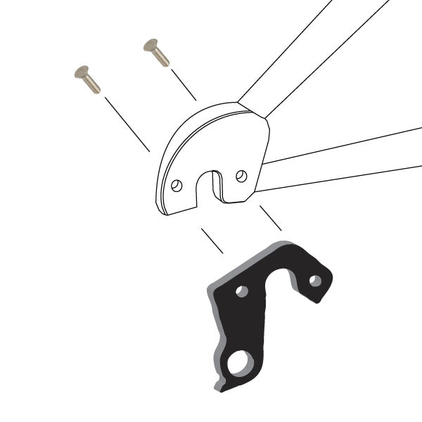 Hanger #143 attaches to the frame's rear dropout from the outside, or derailleur side using two M5x10 flat head screws.
