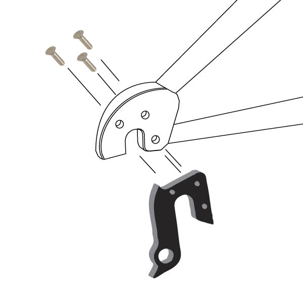 Hanger #145 attaches to the frame's rear dropout from the outside, or derailleur side using two M4x10 flat head screws.