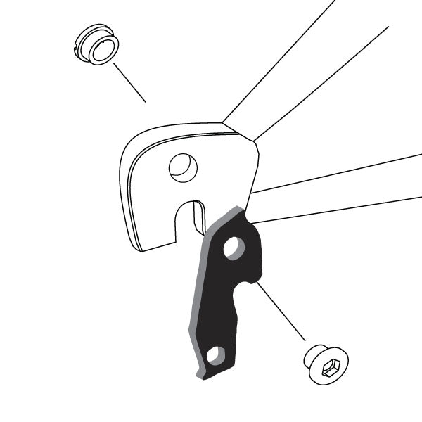 Hanger #147 attaches to the rear dropout from the outside or derailleur side using one M8 chainring bolt.