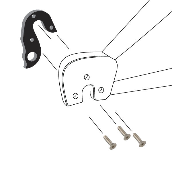 Hanger #150 attaches to the frame's rear dropout from the inside, or hub side using three M4x8 flat head screws