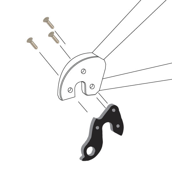 Hanger #170 attaches to the frame's rear dropout from the outside, or derailleur side using three M4x8 flat head screws.