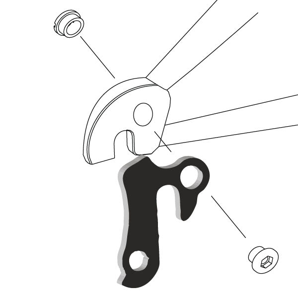Hanger #21 attaches to the rear dropout from the outside or derailleur side using one M8 chainring bolt.