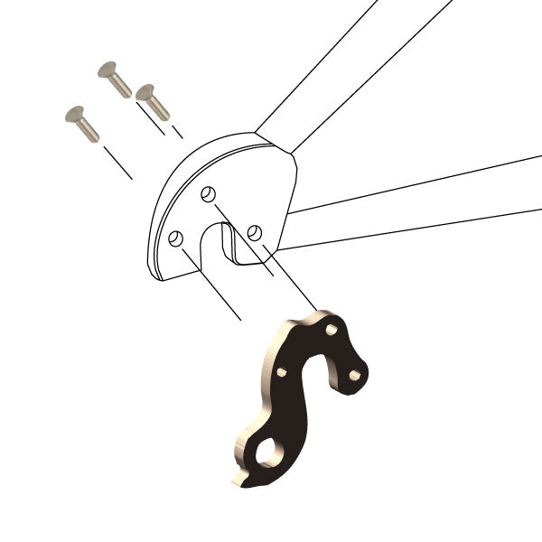 Hanger #246 attaches to the rear dropout from the outside or derailleur side using three M4x8 flat head scews.