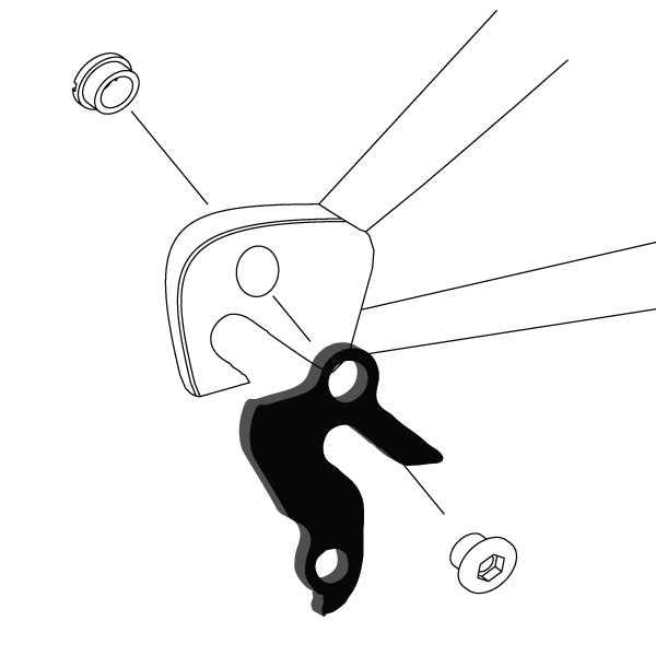 Hanger #36 attaches to the rear dropout from the outside or derailleur side using one M8 chainring bolt.