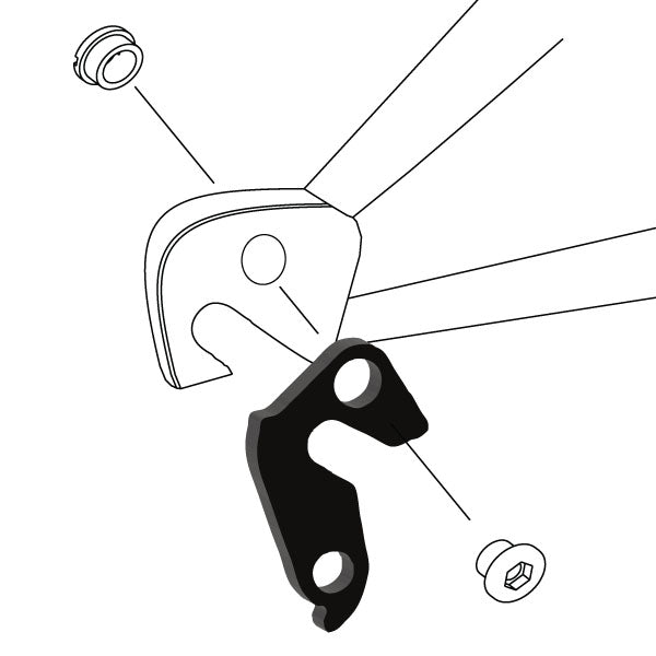Hanger #76 attaches to the rear dropout from the outside or derailleur side using one M8 chainring bolt.