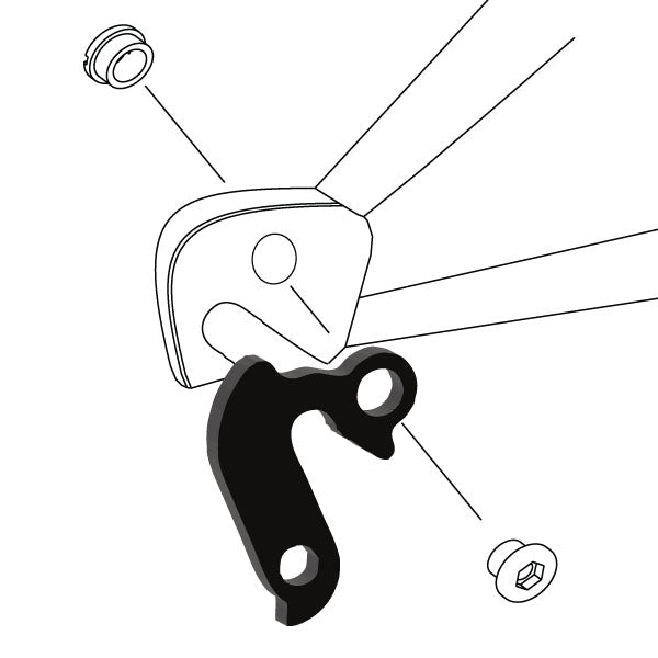 Hanger #77 attaches to the rear dropout from the outside or derailleur side using one M8 chainring bolt.