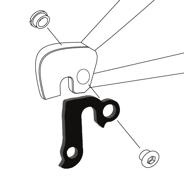Hanger #79 attaches to the rear dropout from the outside or derailleur side using one M8 chainring bolt.