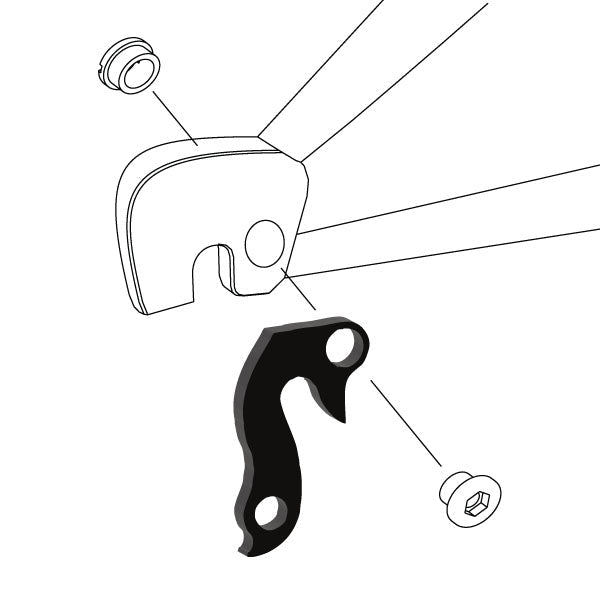 Hanger #80 attaches to the rear dropout from the outside or derailleur side using one M8 chainring bolt.