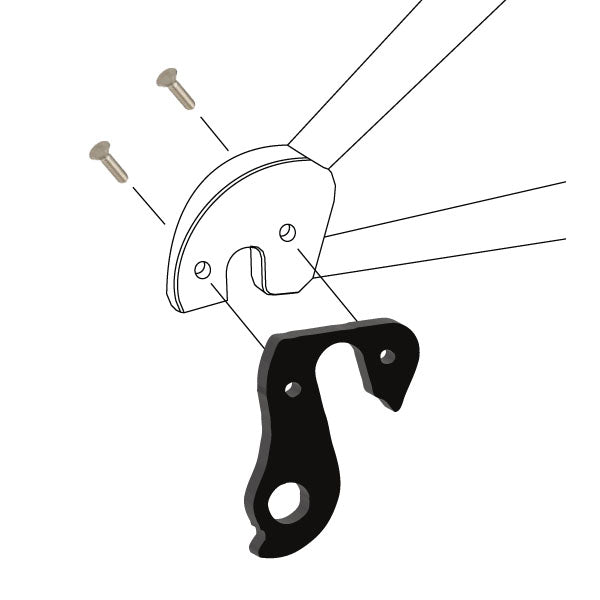 Hanger #85 attaches to the rear dropout from the outside or derailleur side using two M4x8 flat head screws.