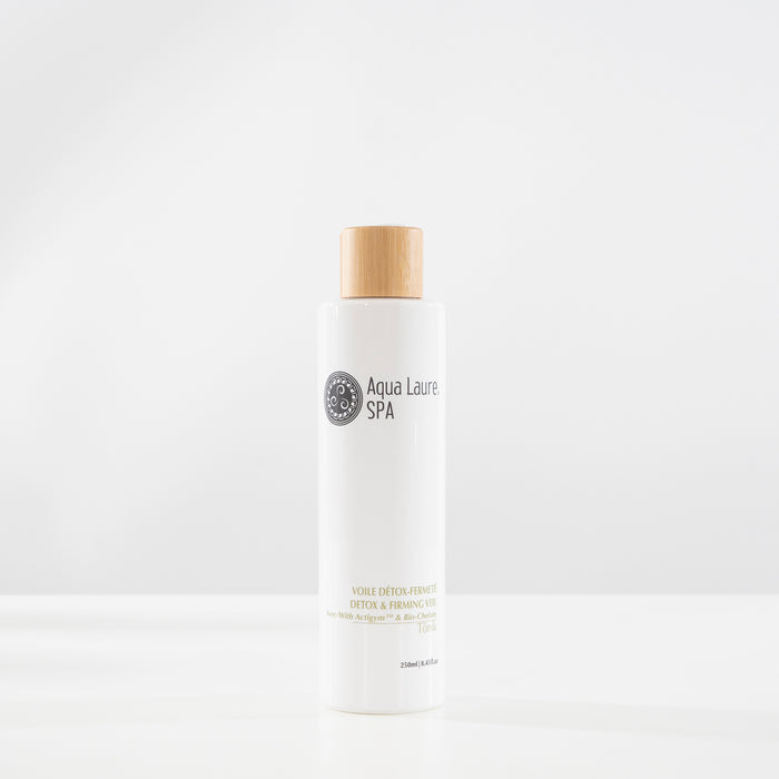 Aqua Laure SPA Detox & Firming Veil toner in white bottle with bamboo cap, featuring Actigym™ for skin purification and firmness