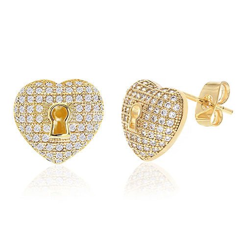 Diamond Look Cubic Zirconia Micro Pave Heart & Lock Earring - ikatehouse