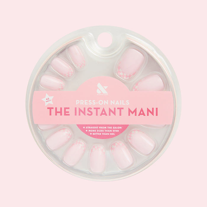 Double Pink Checkerboard | Round | Short press-on nails with pink checkered tips for easy at-home manicure use