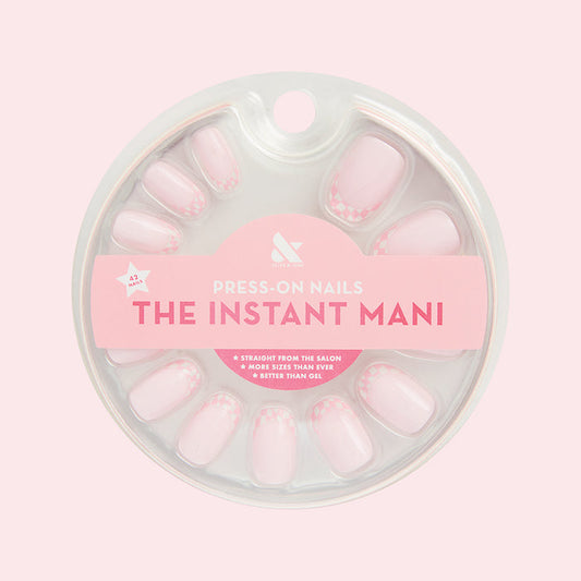 Double Pink Checkerboard | Round | Short press-on nails with pink checkered tips for easy at-home manicure use