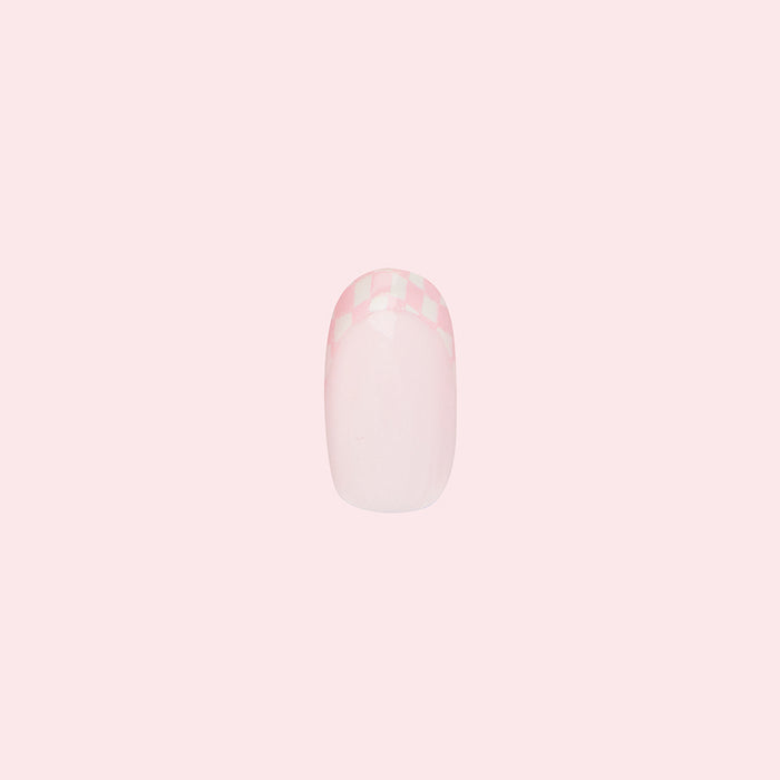 Double Pink Checkerboard | Round | Short press-on nail with soft pink checkered tips for easy at-home manicure use