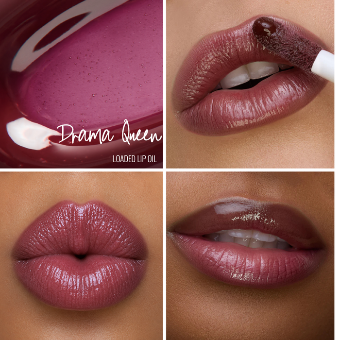 Collage of 'Drama Queen Loaded Lip Oil' on lips with close-up lip shots on different skin tones
