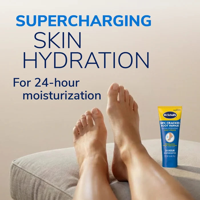 Dr. Scholl's foot repair cream tube by bare feet for 24-hour hydration