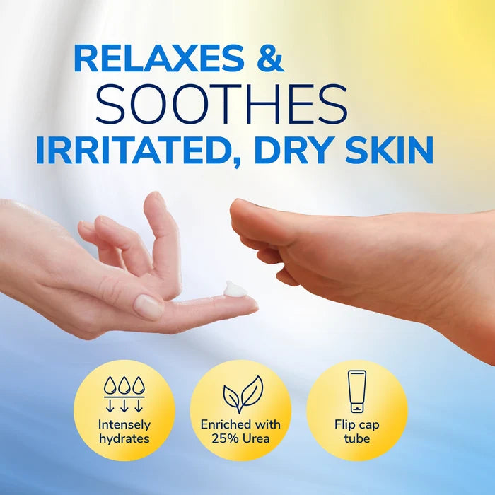 White cream on palm for irritated, dry skin, Dr. Scholl's foot repair