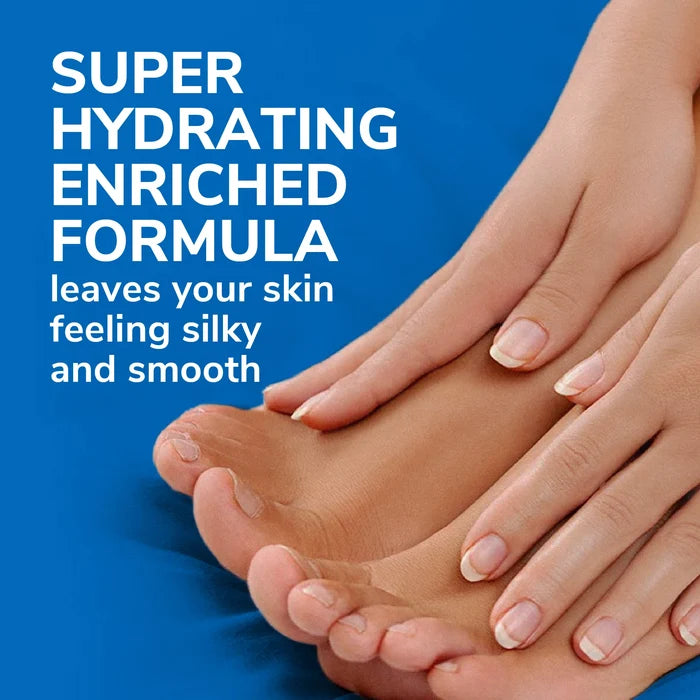 Super hydrating foot mask enriched formula shown on a close-up of moisturized feet.