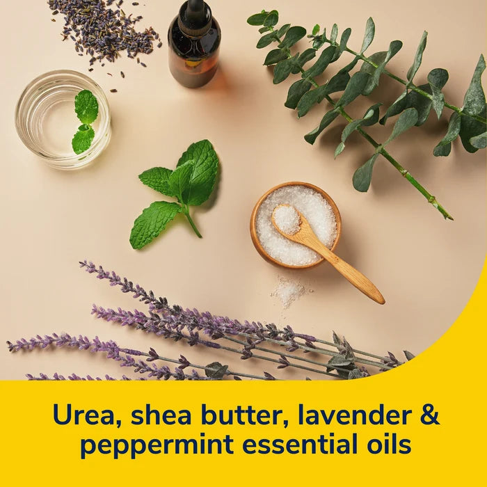 Urea, shea butter, lavender and peppermint oil ingredients for ultra-hydrating foot mask.