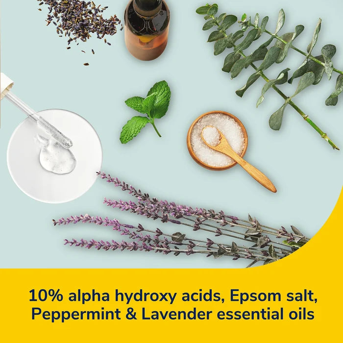 Exfoliating foot lotion ingredients: Epsom salt, essential oils, herbs, and a droplet
