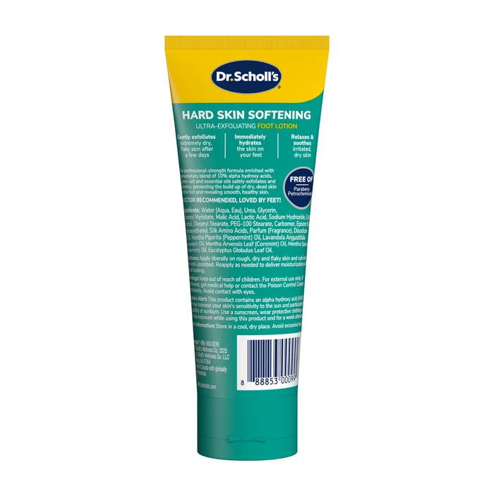 Back of Dr Scholls Dry Flaky Skin Remover Ultra-Exfoliating Foot Lotion tube with product information and barcode