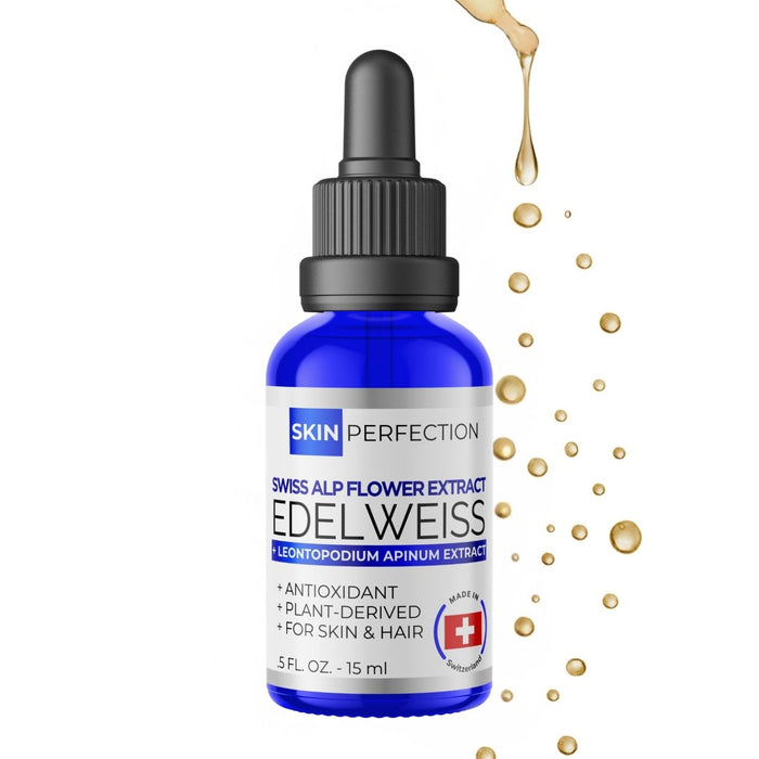Blue bottle of Skin Perfection Edelweiss extract with dropper on a white background