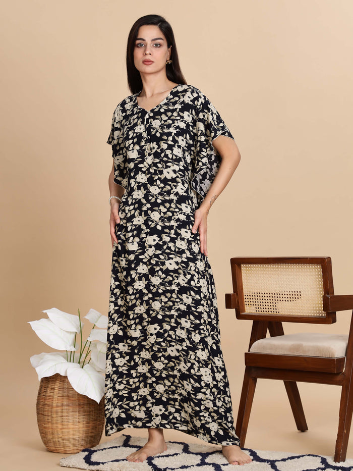 Luxurious Black Rayon Floral Nightgown for Women