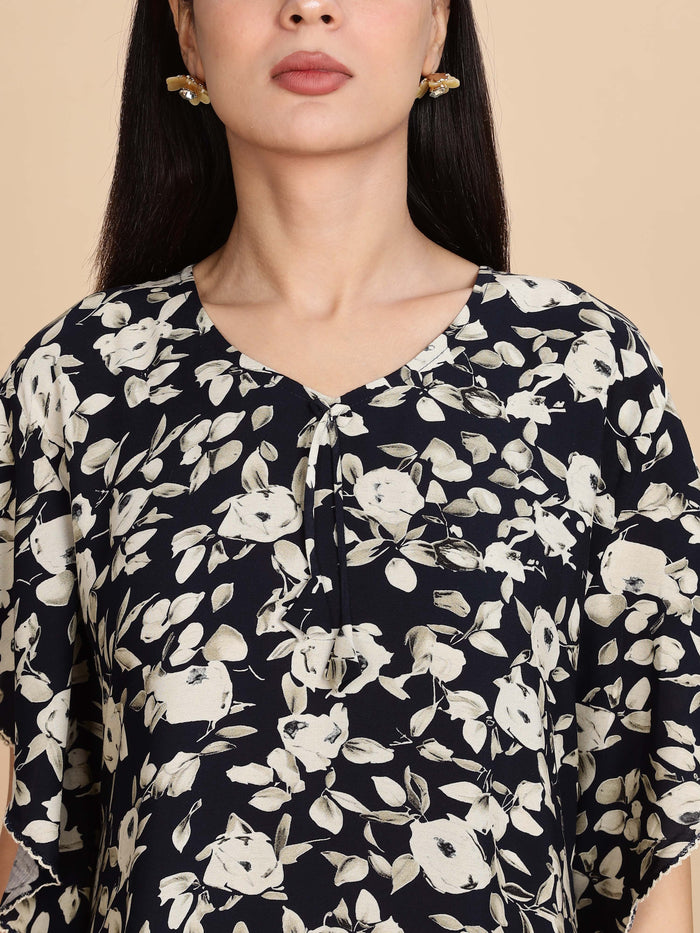 Luxurious Black Rayon Floral Nightgown for Women