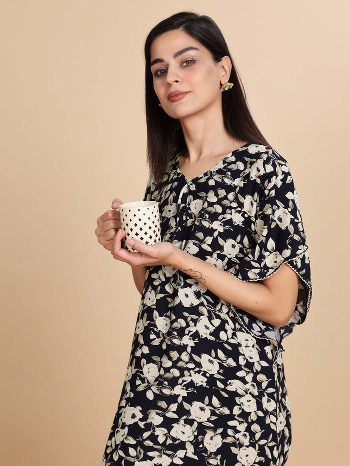 Luxurious Black Rayon Floral Nightgown for Women