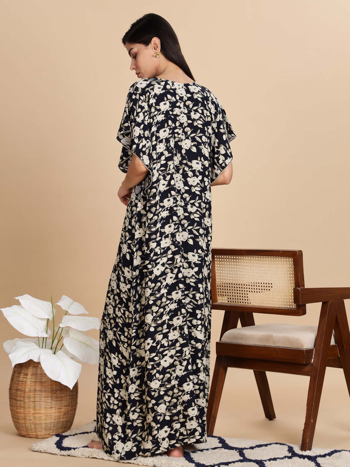 Luxurious Black Rayon Floral Nightgown for Women